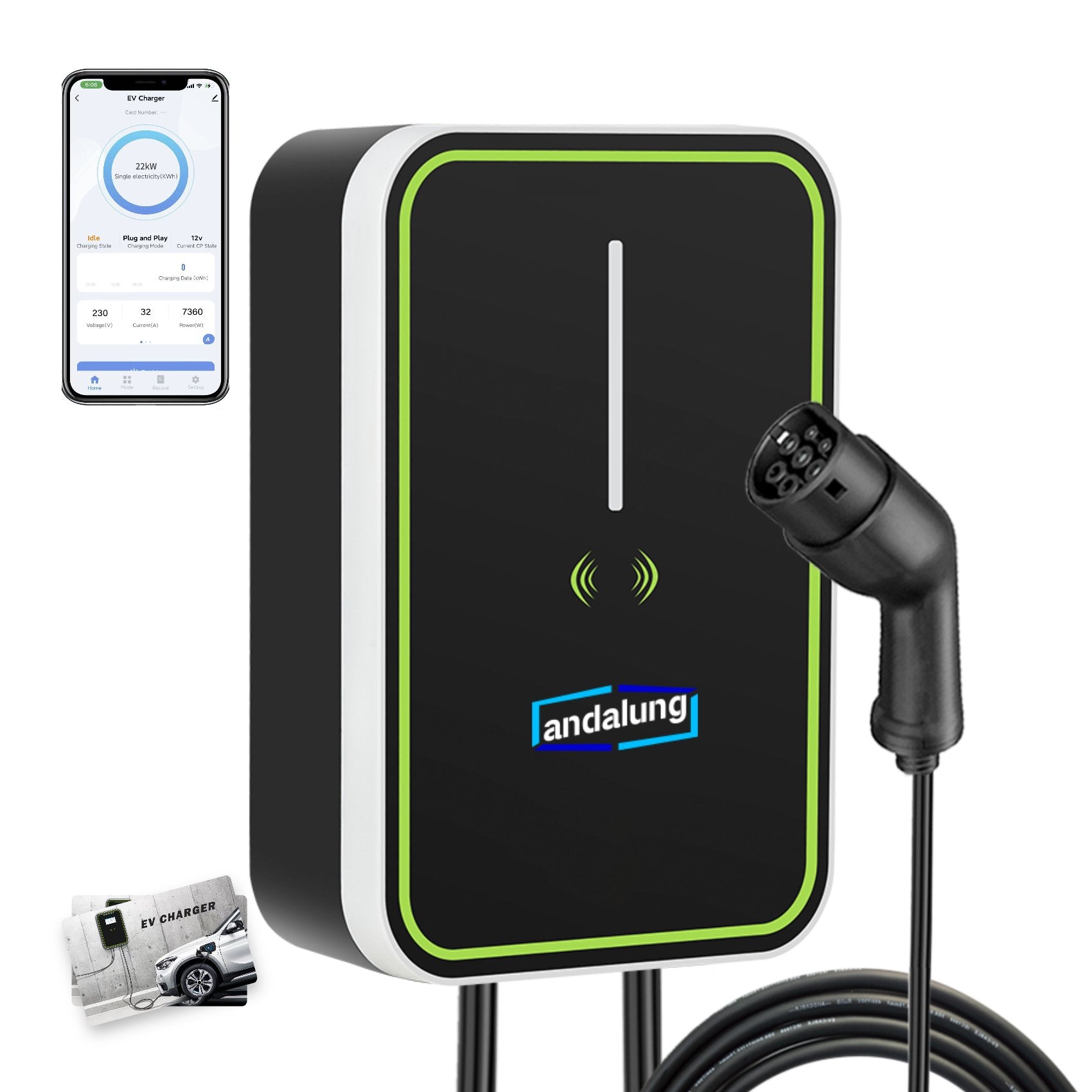 Vor weißem Hintergrund sehen Sie die schwarze Andalung 22kW Wallbox, die es Nutzern ermöglicht, entweder per Karte oder über eine mobile App zu steuern, um ihr Elektrofahrzeug effizient zu laden und mehr Komfort im Alltag zu bieten.