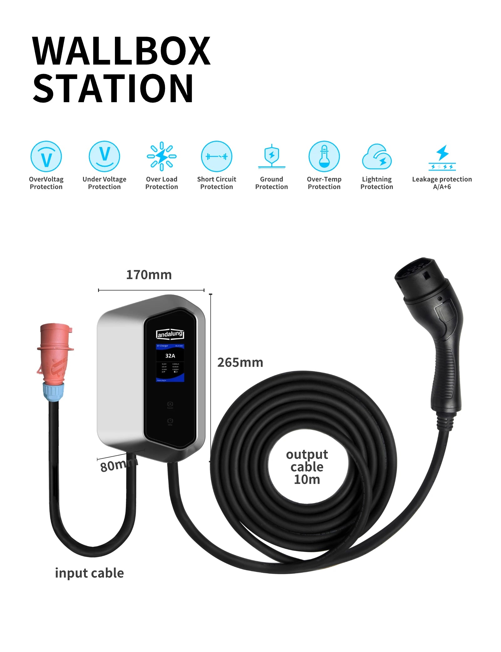 Hier wird die silberne Andalung 22kW Wallbox für Elektrofahrzeuge gezeigt. Das Hauptboard misst 265mm x 170mm x 80mm und ist mit einem 10m langen Ausgangskabel sowie einem Eingangskabel ausgestattet. Die Wallbox bietet Überspannungs-, Unterspannungs-, Überlastschutz, Kurzschluss-, Erdungs- und Fehlerstromschutz, um einen sicheren und stabilen Ladevorgang zu gewährleisten.