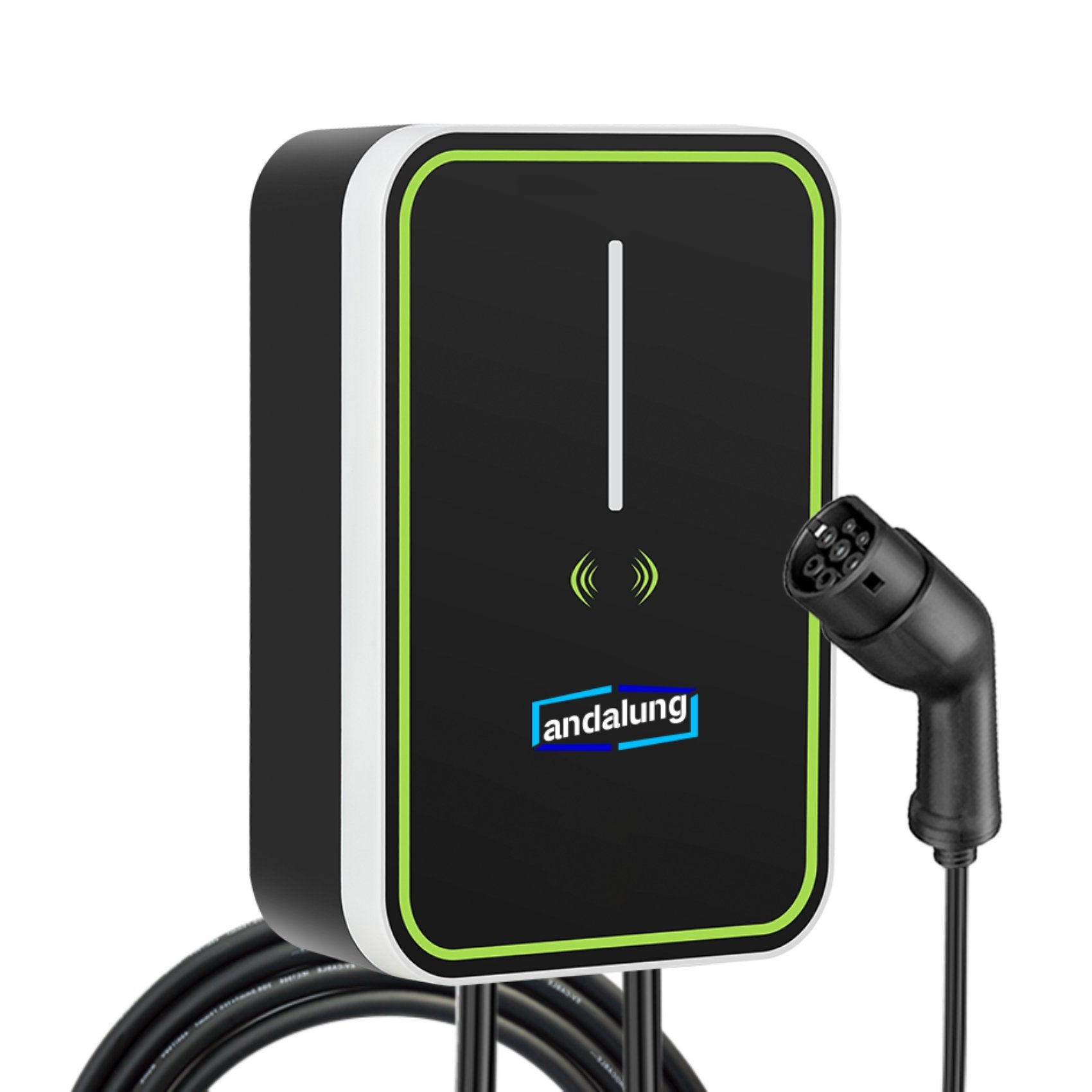 Vor einem weißen Hintergrund wird die stilvolle schwarze Andalung 22kW Wallbox für Elektrofahrzeuge gezeigt. Sie bietet nicht nur effizientes Laden für Ihr Fahrzeug, sondern kombiniert auch Energieeinsparung und Umweltschutz, um Ihr Leben noch komfortabler zu gestalten.