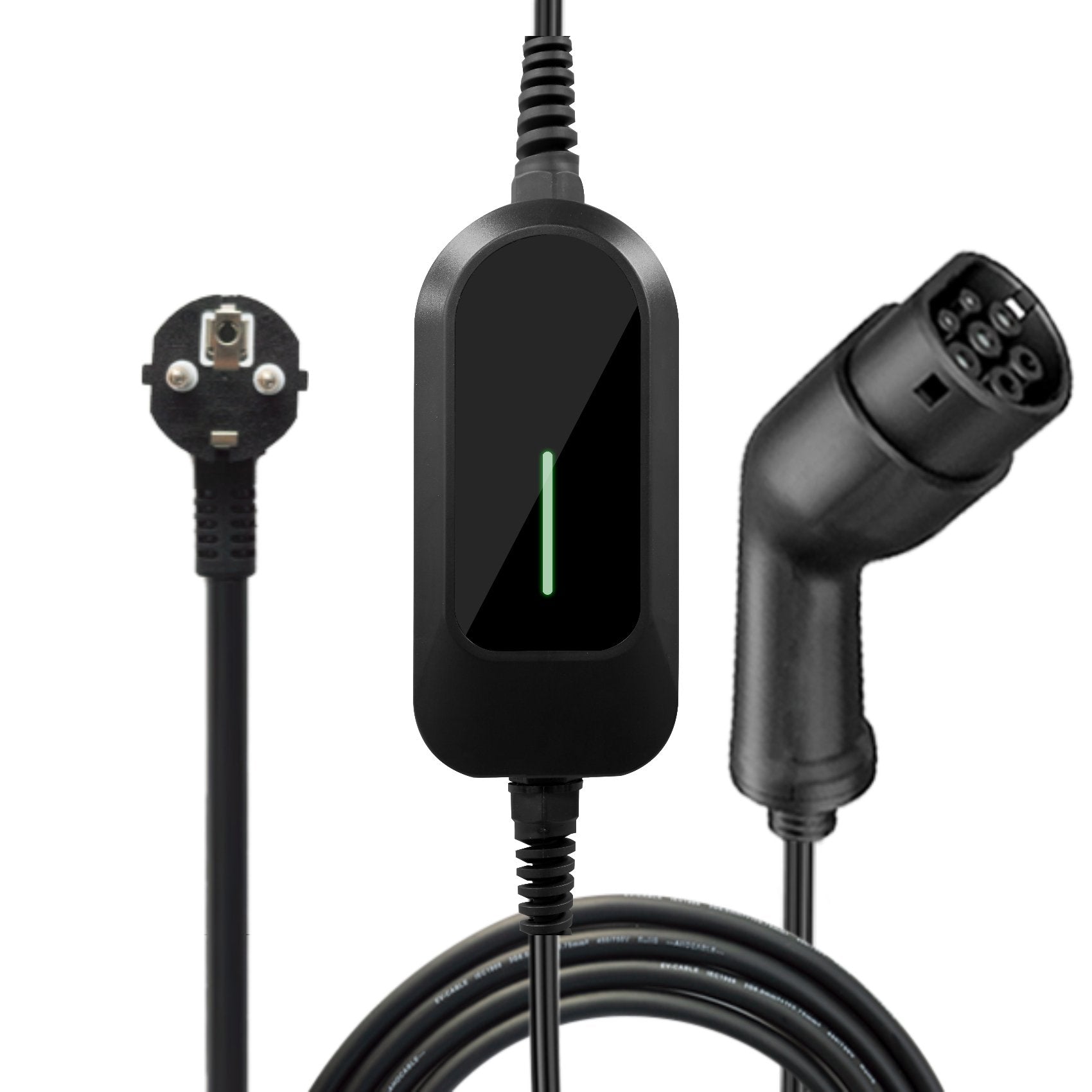 Vor einem weißen Hintergrund ist das stilvolle schwarze Andalung 3,5 kW tragbare Elektroauto-Ladegerät zu sehen. Es bietet modernes Design und leistungsstarke Funktionen, ideal für alle Elektroauto-Ladebedürfnisse.