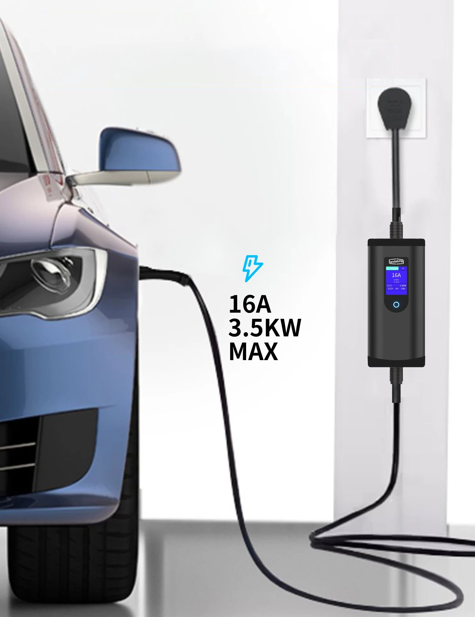 In einer klaren weißen Innenumgebung lädt das schwarze Andalung 3,5 kW EV-Ladegerät das Auto schnell und effizient mit 16 A, bei einer maximalen Ladeleistung von 3,5 kW, und sorgt so für ein herausragendes Ladeerlebnis.