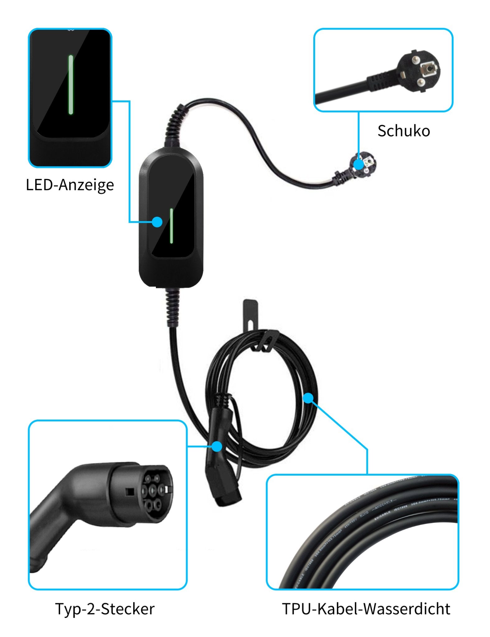 Vor einem eleganten weißen Hintergrund wird das schwarze Andalung 3,5 kW tragbare EV-Ladegerät zusammen mit seinen sorgfältig ausgewählten Zubehörteilen präsentiert. Die Hauptplatine ist mit einer klaren LED-Anzeige ausgestattet, der Stecker ist ein Schuko-Stecker, der Ladeanschluss ein Typ-2-Stecker, und das TPU-Kabel ist wasserdicht, was eine effiziente und sichere Ladeerfahrung gewährleistet.