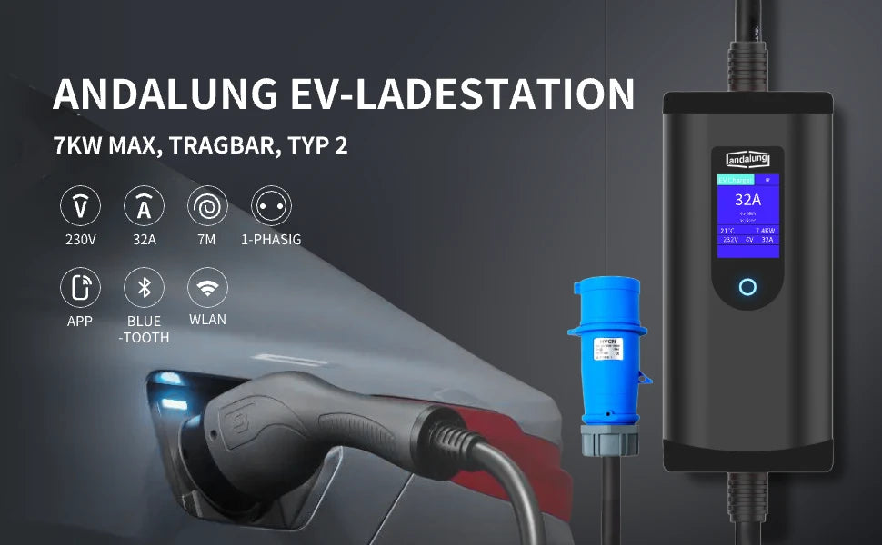 Vor einem stilvollen schwarzen Innenhintergrund wird das schwarze tragbare Elektrofahrzeug-Ladegerät von Andalung präsentiert, das ein Fahrzeug schnell auflädt. Das Ladegerät unterstützt die ANDALUNG EV-LADESTATION 7KW MAX, ausgestattet mit TYP 2-Stecker, 230V Einphasen-Stromversorgung und 32A Leistung, verfügt über ein 7m langes Kabel und bietet APP-Steuerung, Bluetooth und WLAN für eine effiziente, smarte und bequeme Ladeerfahrung.
