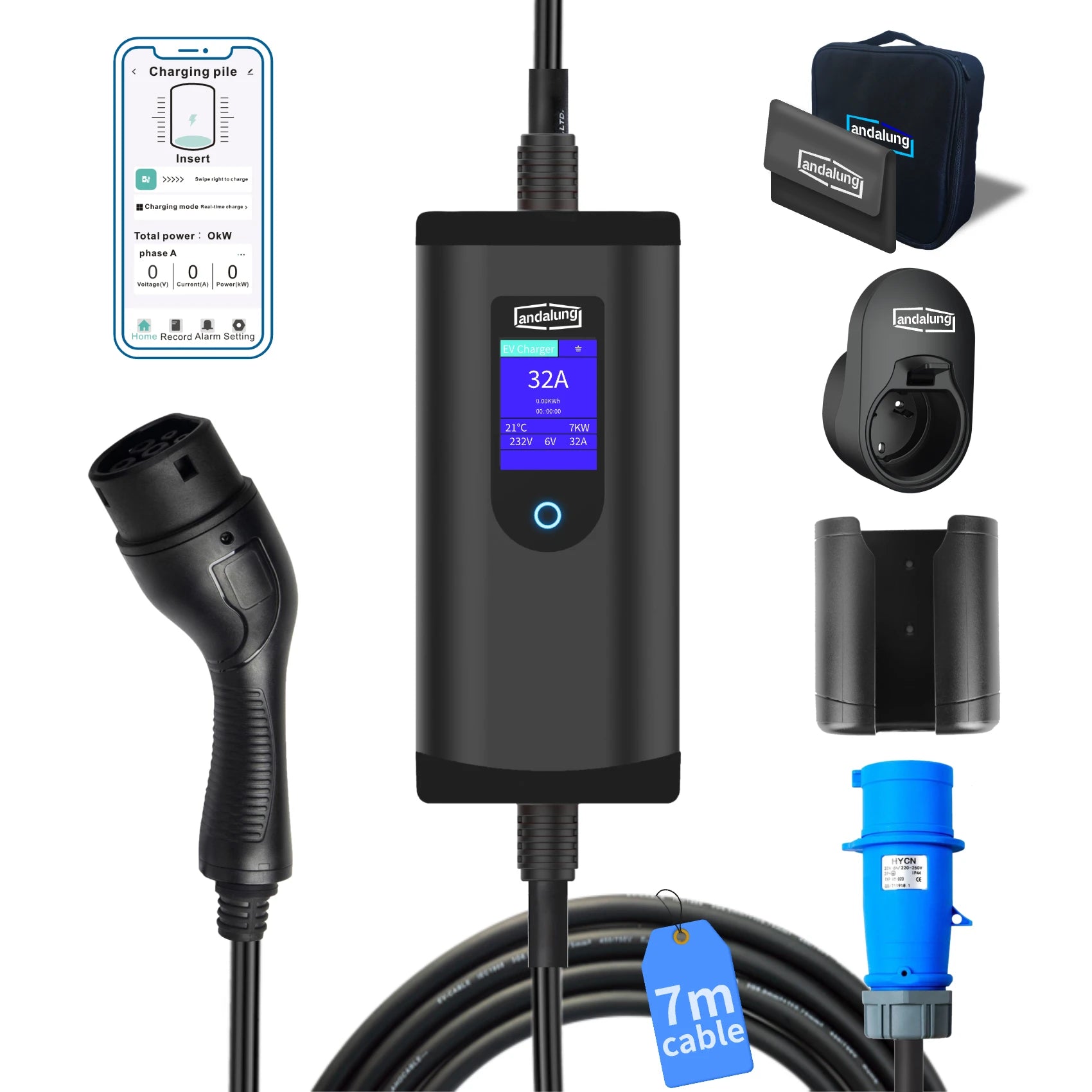 Hier wird der schwarze Andalung 7kW tragbare EV-Ladegerät gezeigt, zusammen mit seinen Zubehörteilen, einschließlich eines 7 Meter langen Kabels. Der Benutzer kann das Ladegerät bequem über sein Smartphone steuern, was eine effiziente und benutzerfreundliche Ladeerfahrung bietet.