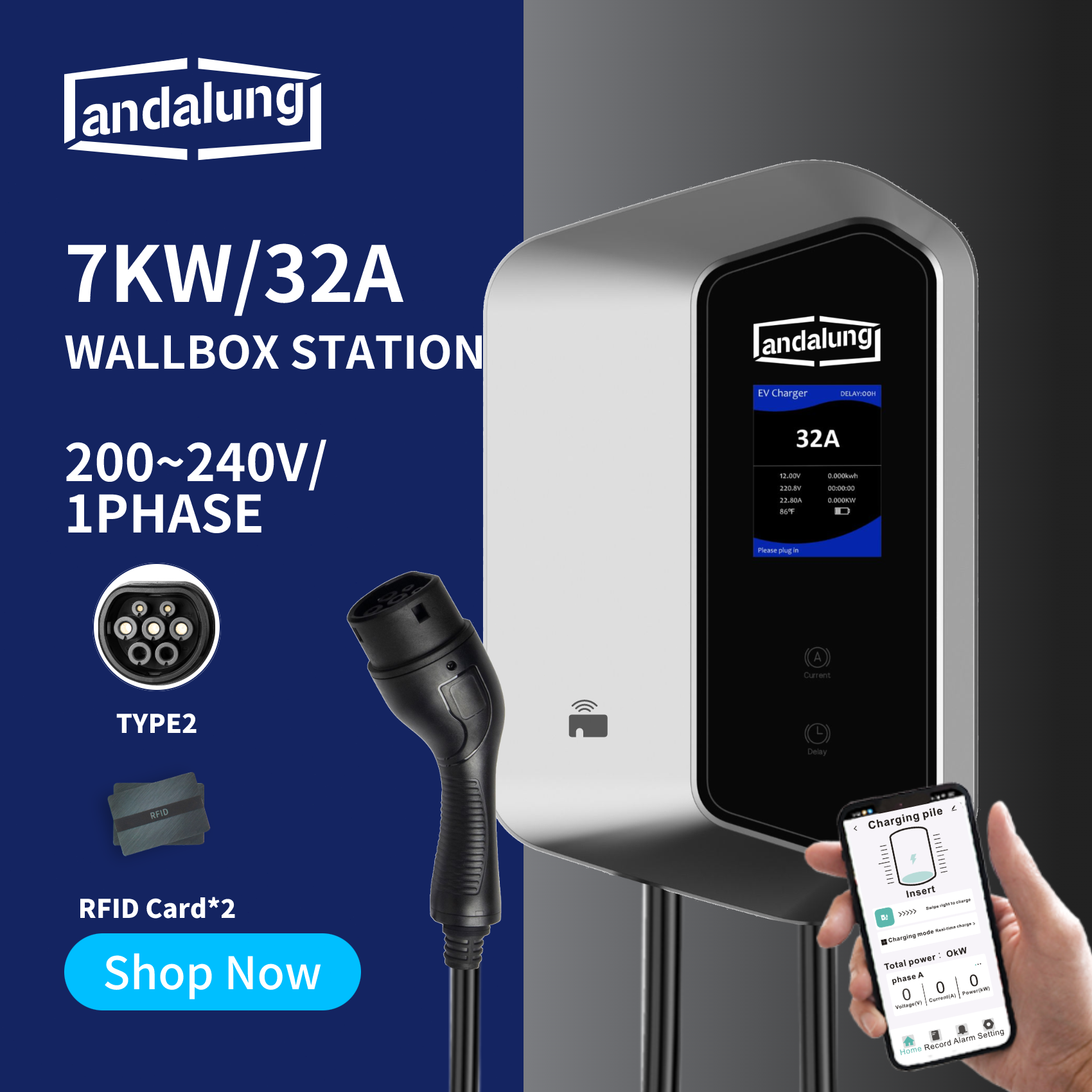 Hier wird eine silberne Andalung 7kW Wallbox-Ladestation gezeigt, die vor einem Hintergrund in Blau und Silber eine moderne, technologische Atmosphäre ausstrahlt. Ein Benutzer steuert die Ladestation bequem über sein Smartphone. Die Ladestation unterstützt 200–240V Einphasenstrom, bietet eine Leistung von 7 kW und einen Type 2 Anschluss. Sie wird mit zwei RFID-Karten geliefert, um ein intelligentes und benutzerfreundliches Ladeerlebnis zu ermöglichen.