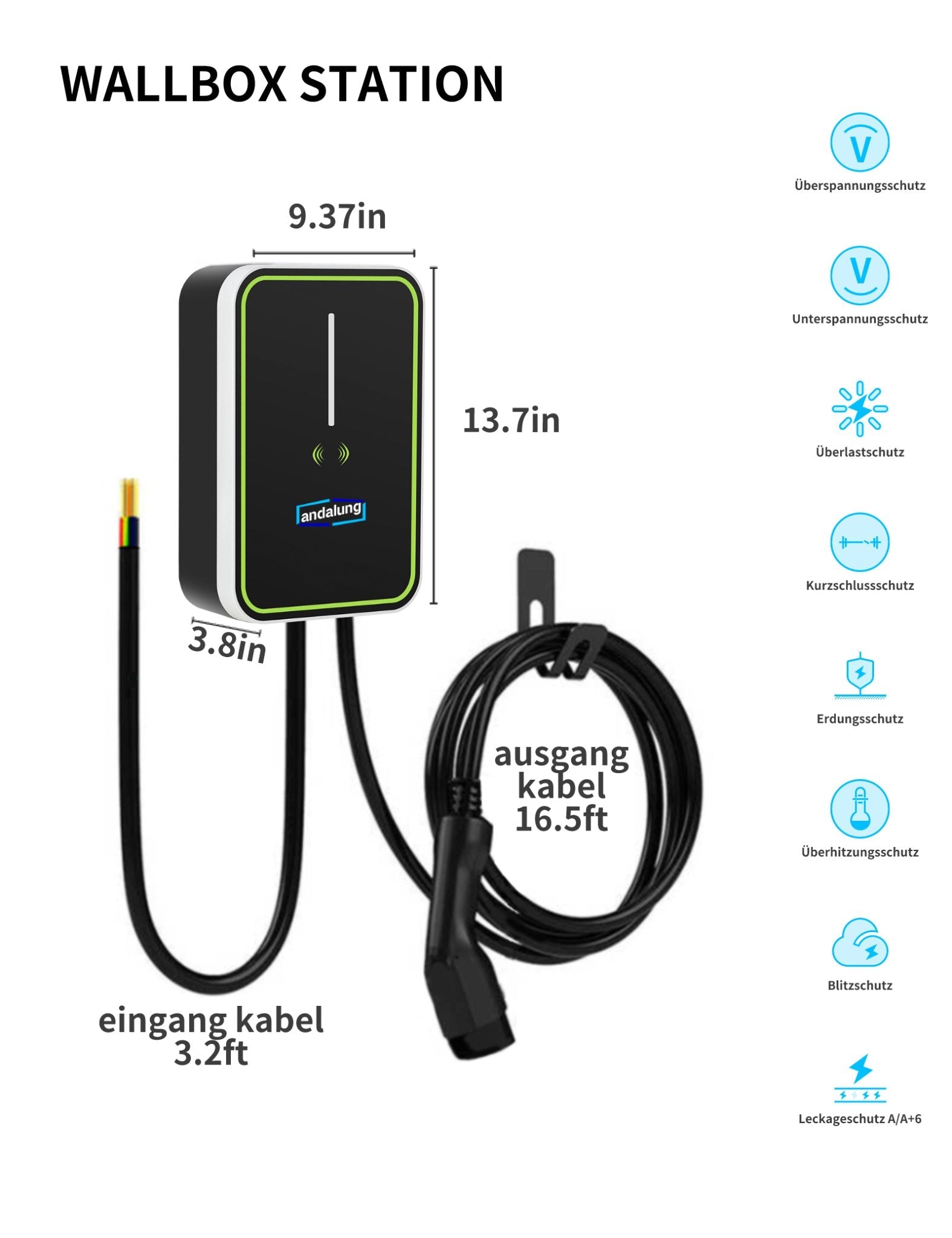 Vor weißem Hintergrund wird die schwarze Andalung 7kW Wallbox präsentiert, mit den Maßen 13,7 Zoll (Länge), 9,37 Zoll (Breite) und 3,8 Zoll (Höhe). Sie ist ausgestattet mit einem 3,2 Fuß langen Eingangskabel und einem 16,5 Fuß langen Ausgangskabel. Die Wallbox bietet umfassenden Schutz, einschließlich Überspannungsschutz, Unterspannungsschutz, Ultraschallschutz, Kurzschlussschutz, Erdungsschutz, Überhitzungsschutz, Blitzschutz und Leckageschutz – für ein sicheres Ladeerlebnis.