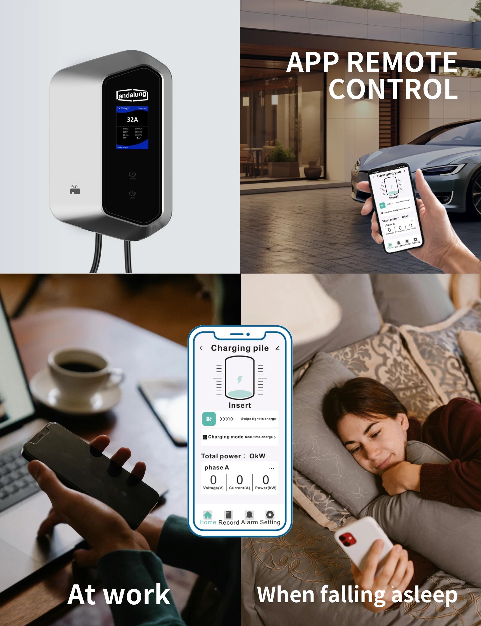 Vor weißem Hintergrund ist die silberne Andalung 7kW Wallbox zu sehen, die jederzeit über die mobile App fernbedient werden kann – perfekt für das Laden während der Arbeit oder vor dem Einschlafen, für noch mehr Komfort.