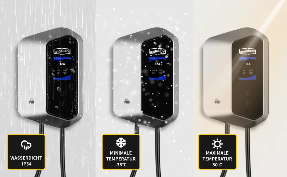 Die silberne Andalung 7kW Wallbox-Ladestation mit IP54 Wasserschutz bietet zuverlässiges Laden unter extremen Bedingungen. Sie arbeitet problemlos bei Temperaturen von -35°C bis +50°C und gewährleistet eine konstante Ladeleistung, egal bei welchem Wetter.