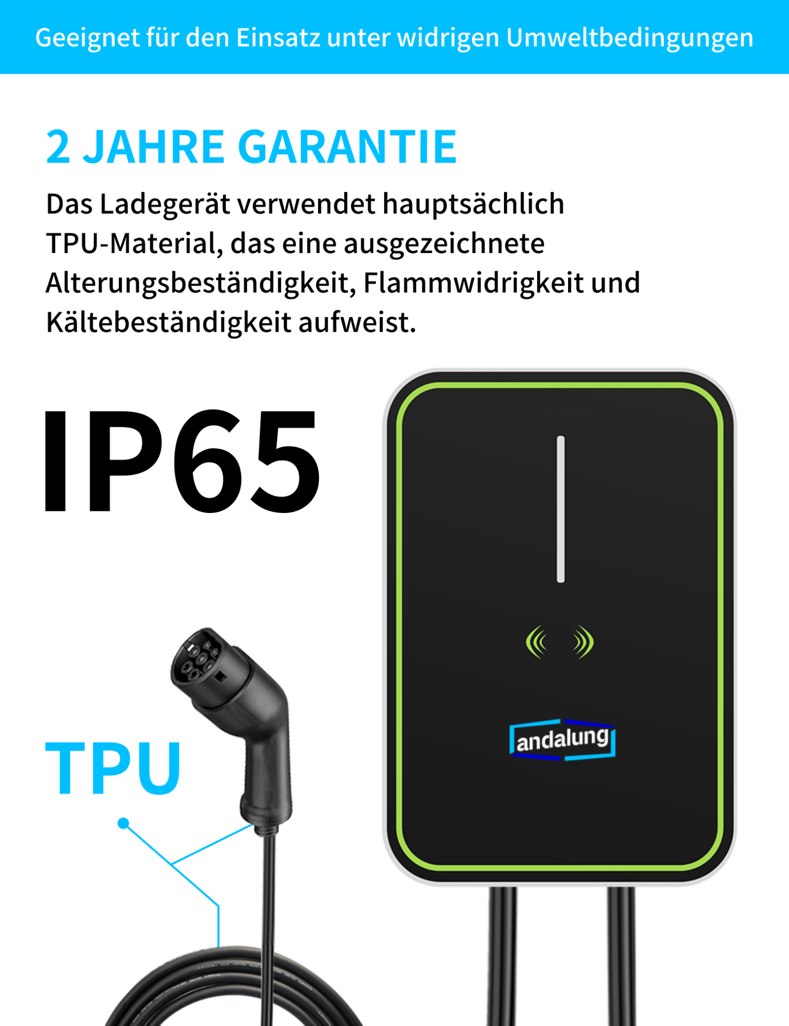 Hier sehen Sie eine schwarze Andalung 7kW Wallbox, geeignet für den Einsatz unter extremen Umweltbedingungen. Das Ladegerät besteht hauptsächlich aus TPU-Material, das ausgezeichnete Alterungsbeständigkeit, Flammwidrigkeit und Kältebeständigkeit bietet. Mit IP65 Wasserdichtigkeit für zuverlässigen Betrieb und einer 2-Jahres-Garantie.