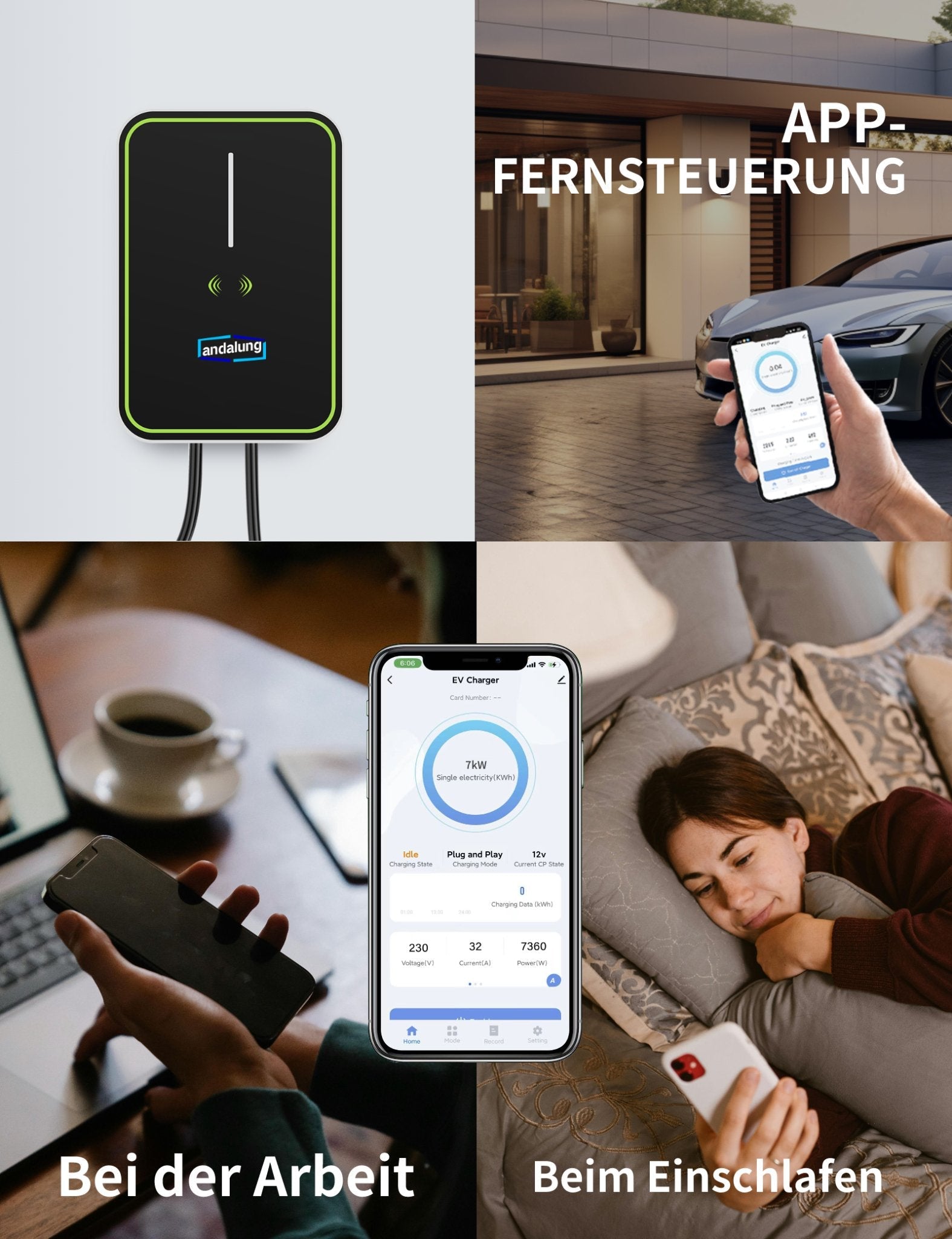Vor einem klaren weißen Hintergrund ist die schwarze Andalung 7kW Wallbox abgebildet, die vom Benutzer mühelos über die App fernsteuerbar ist – ganz gleich, ob bei der Arbeit oder vor dem Einschlafen.