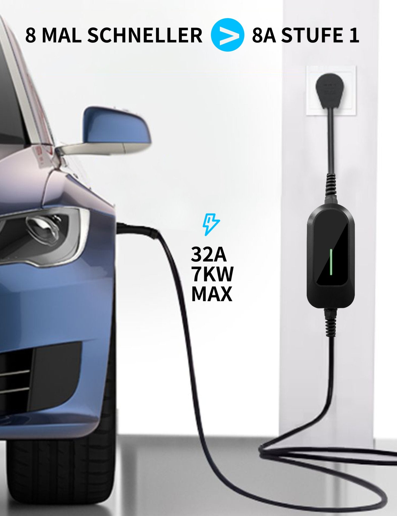 Vor einem weißen Innenhintergrund lädt das schwarze Andalung 7 kW EV-Ladegerät das Auto effizient auf, mit einer Ladegeschwindigkeit, die mehr als 8-mal schneller ist als bei herkömmlichem Laden, und unterstützt bis zu 32A und 7 kW Maximalleistung.