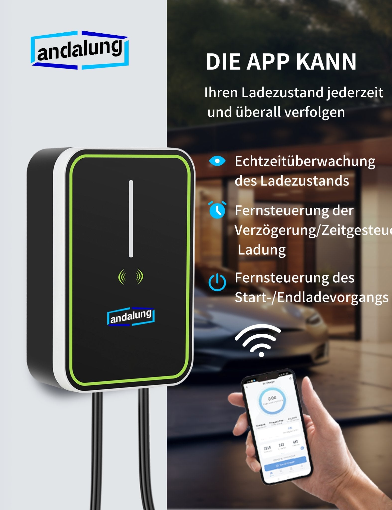 Hier sieht man einen Benutzer, der über die mobile App bequem eine schwarze Andalung 7kW Wallbox per WiFi steuert. Er kann den Ladezustand jederzeit und überall in Echtzeit überwachen und die Fernsteuerung für verzögertes/zeitgesteuertes Laden sowie den Start und Stopp des Ladevorgangs genießen.