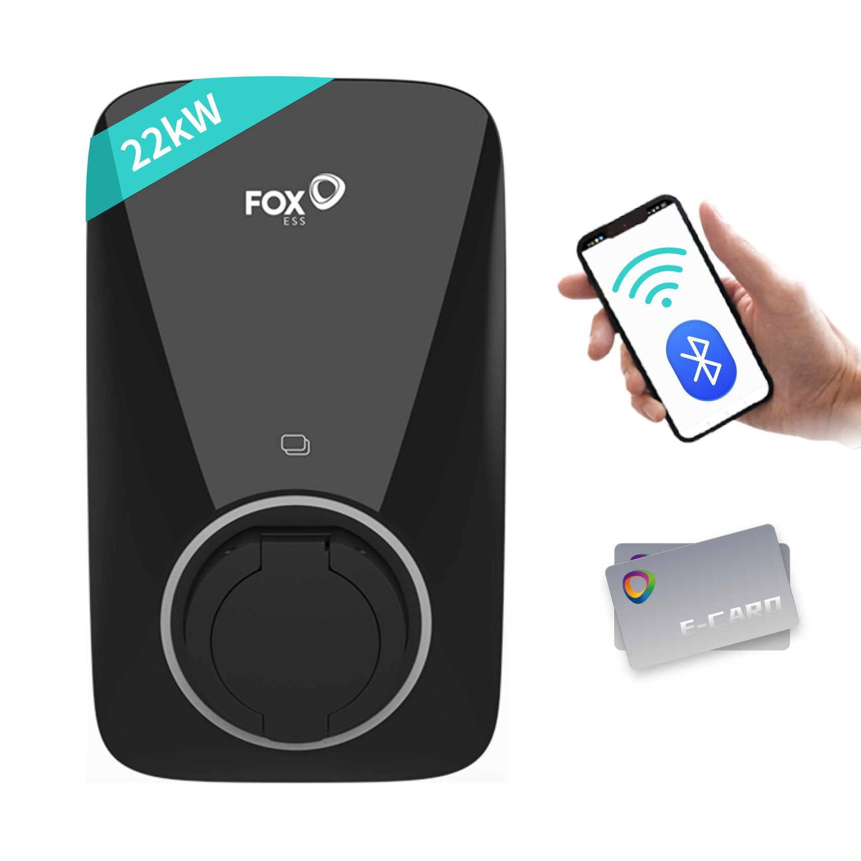 Vor weißem Hintergrund wird der schwarze FoxESS 22kW Wallbox-Ladegerät gezeigt. Nutzer können ihn über WiFi, Bluetooth oder durch Kartenzahlung steuern, um bequem und schnell Elektrofahrzeuge zu laden.