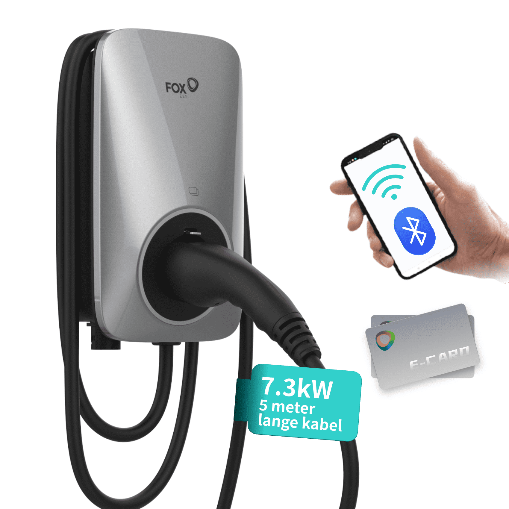 Vor weißem Hintergrund wird eine silberne FoxESS 7,3 kW Wallbox für Elektrofahrzeuge gezeigt, ausgestattet mit einem 5 Meter langen Kabel. Der Benutzer kann sie über WiFi, Bluetooth oder durch Kartenzugang steuern.