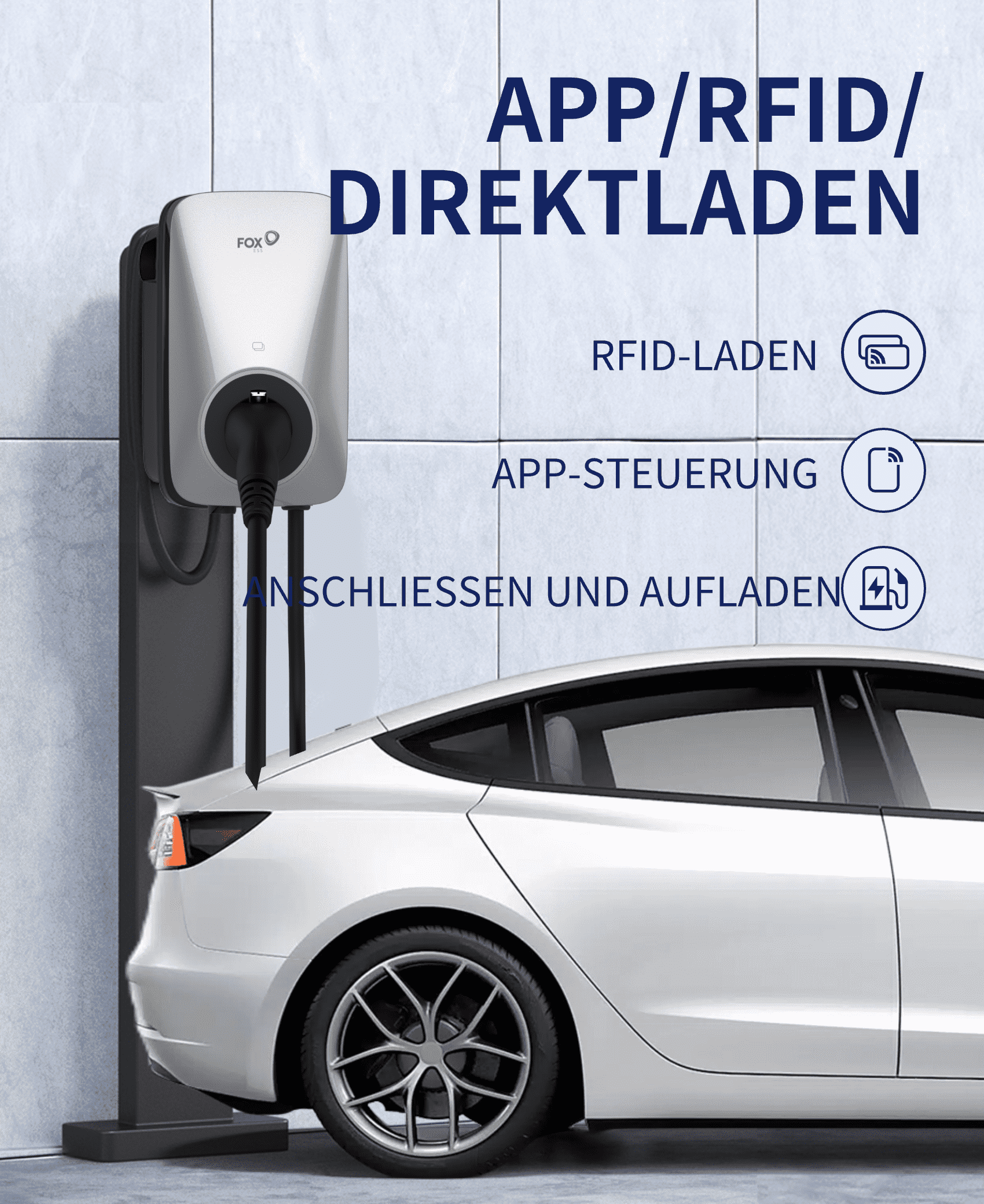 Es wird eine silberne FoxESS 7,3 kW Wallbox für Elektrofahrzeuge gezeigt, die gerade ein Auto auflädt. Sie unterstützt APP, RFID und Direktladen. Über die APP-Steuerung kann der Benutzer die Wallbox einfach verbinden und mit dem Laden beginnen.