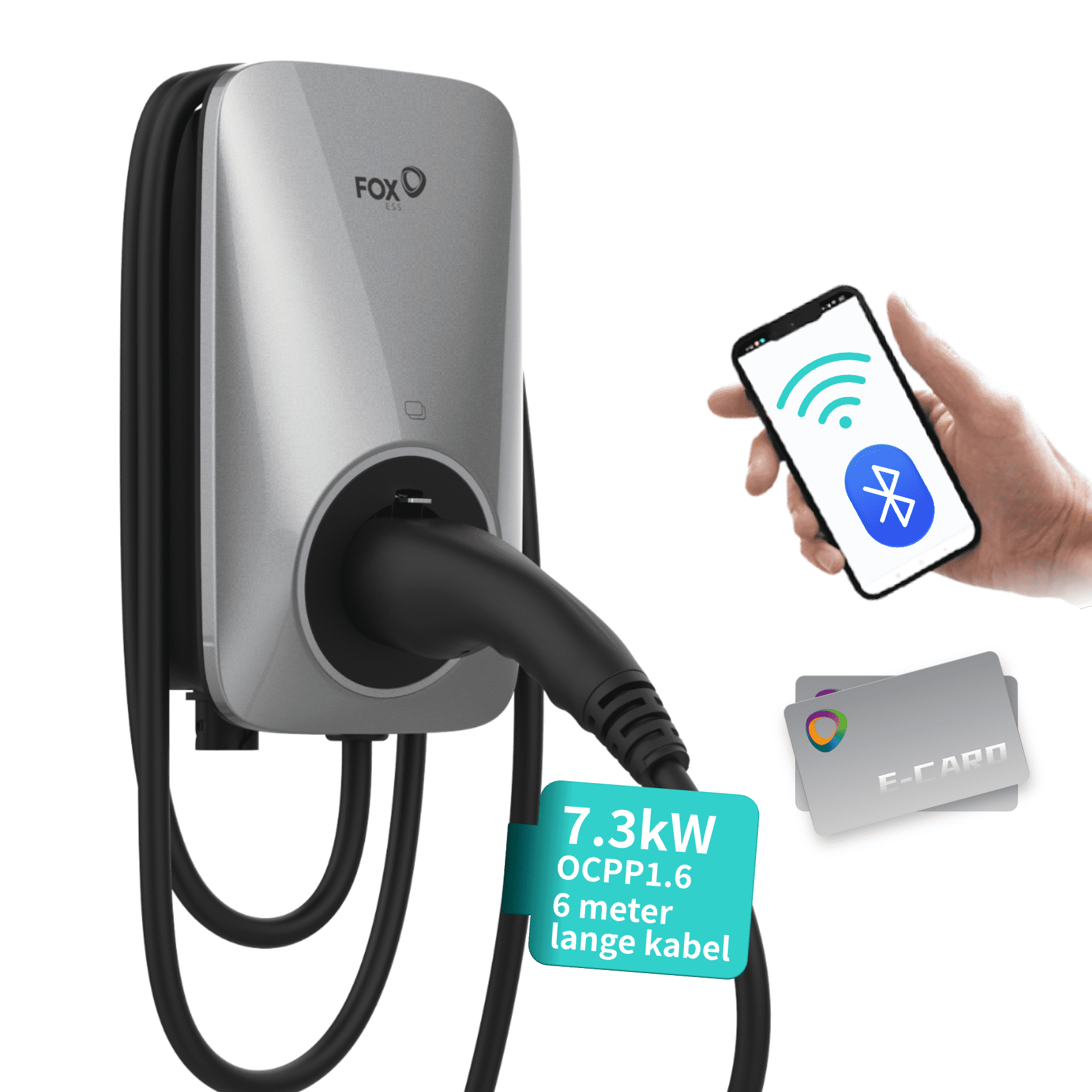 Auf weißem Hintergrund wird eine silberne FoxESS 7,3 kW Wallbox für Elektrofahrzeuge gezeigt. Sie ermöglicht die Steuerung per WiFi, Bluetooth oder RFID-Karte. Mit OCPP 1.6 und einem 6 Meter langen Kabel bietet sie flexible Lademöglichkeiten.