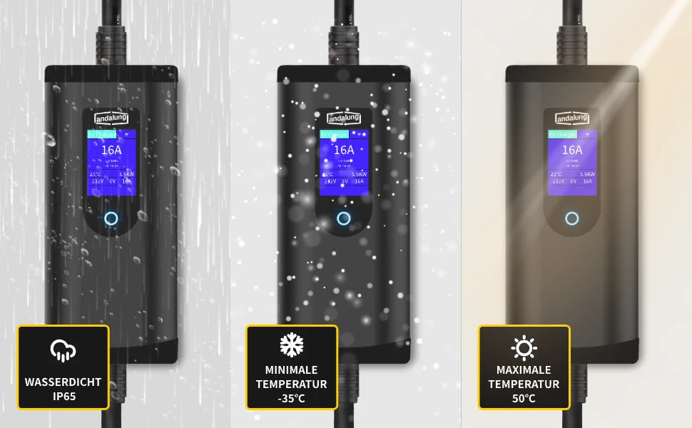 Dieses schwarze 7m 3,5 kW tragbare Elektroauto-Ladegerät (Portable EV Charger) besticht durch seine außergewöhnliche Haltbarkeit, ist nach IP65 wasserdicht und funktioniert selbst unter extremen Bedingungen bei Temperaturen von -35°C bis 50°C.