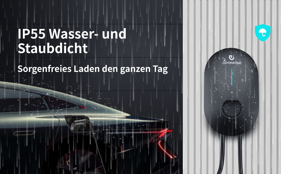 Bei stürmischem Regen lädt eine schwarze Joycharge 22kW Wallbox ein Auto auf, ohne von den extremen Wetterbedingungen beeinträchtigt zu werden. Mit der IP55 Staub- und Wasserfestigkeit bietet sie zuverlässigen Schutz für die meisten Außenbereiche und sorgt für sorgenfreies Laden bei allen Wetterbedingungen.