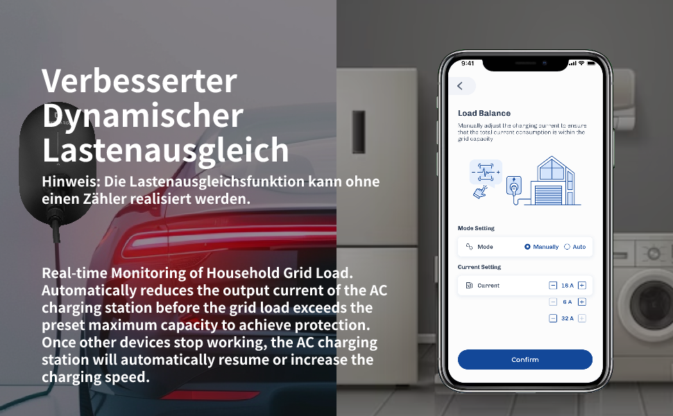 Ein Benutzer steuert mit seinem Handy eine schwarze Joycharge 22kW Wallbox. Diese Wallbox bietet eine intelligente dynamische Lastenverteilung. Sie überwacht die Haushaltsstrombelastung in Echtzeit und reduziert automatisch die Ladeleistung, wenn die Netzlast fast die maximale Kapazität erreicht, um das Netzwerk zu schützen. Sobald andere Geräte nicht mehr laufen, setzt die Wallbox das Laden fort oder erhöht die Ladegeschwindigkeit. Mit der intuitiven LED-Anzeige werden verschiedene Ladezustände in untersch