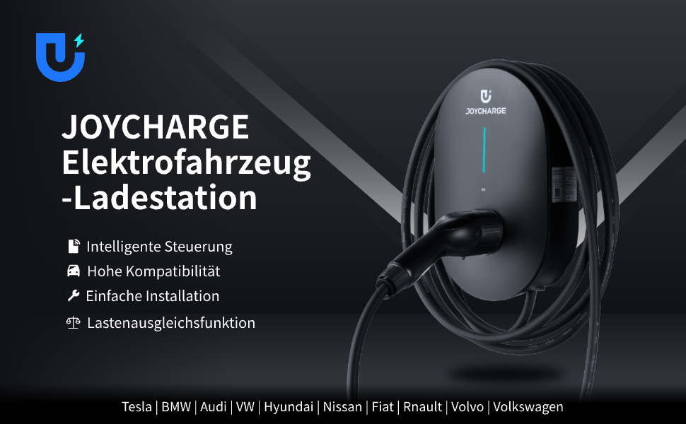 Vor einem schwarzen Hintergrund präsentiert sich die elegante schwarze Joycharge 22kW Wallbox, die mit intelligenter Steuerung, hoher Kompatibilität und einfacher Installation überzeugt. Sie erfüllt mühelos die Ladeanforderungen von Elektrofahrzeugen der Marken Tesla, BMW, Audi, VW, Hyundai, Nissan, Fiat, Renault, Volvo und Volkswagen. Dank der Lastenausgleichsfunktion garantiert sie effizientes und sicheres Laden. Verpackungsmaße: 31,7 x 19,7 x 9,8 cm; Gewicht: 5,42 kg.