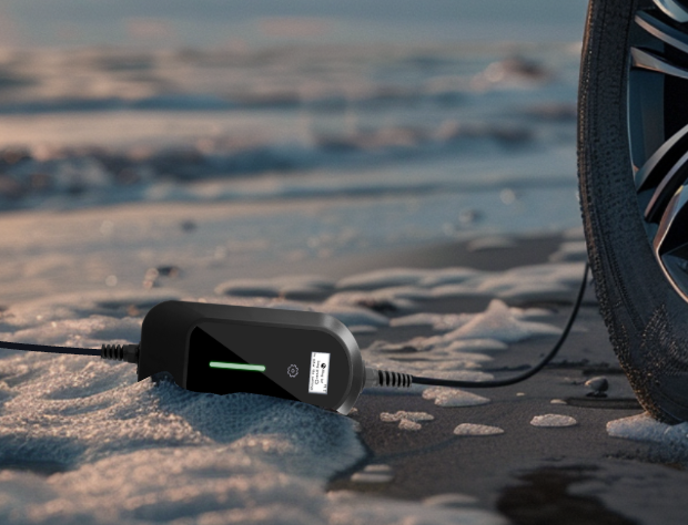 Dieses schwarze, tragbare Elektroauto-Ladegerät arbeitet ruhig am malerischen Strand bei Sonnenuntergang. Selbst bei sanften Meeresbrisen lädt es das Fahrzeug weiterhin zuverlässig und effizient auf – ein Beweis für seine außergewöhnliche Leistung und Widerstandsfähigkeit gegenüber den Elementen.