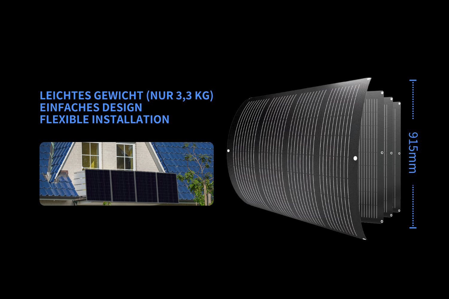 Auf schwarzem Hintergrund ist ein RC-Solarmodul zu sehen, das mit einem leichten Design (nur 3,3 kg) und einfacher Installation überzeugt. Mit einer Breite von 915 mm und kompakten Abmessungen ist es ideal für Balkon-Solaranlagen, da die Höhenbegrenzung für Balkone in Deutschland meistens 93 cm beträgt.