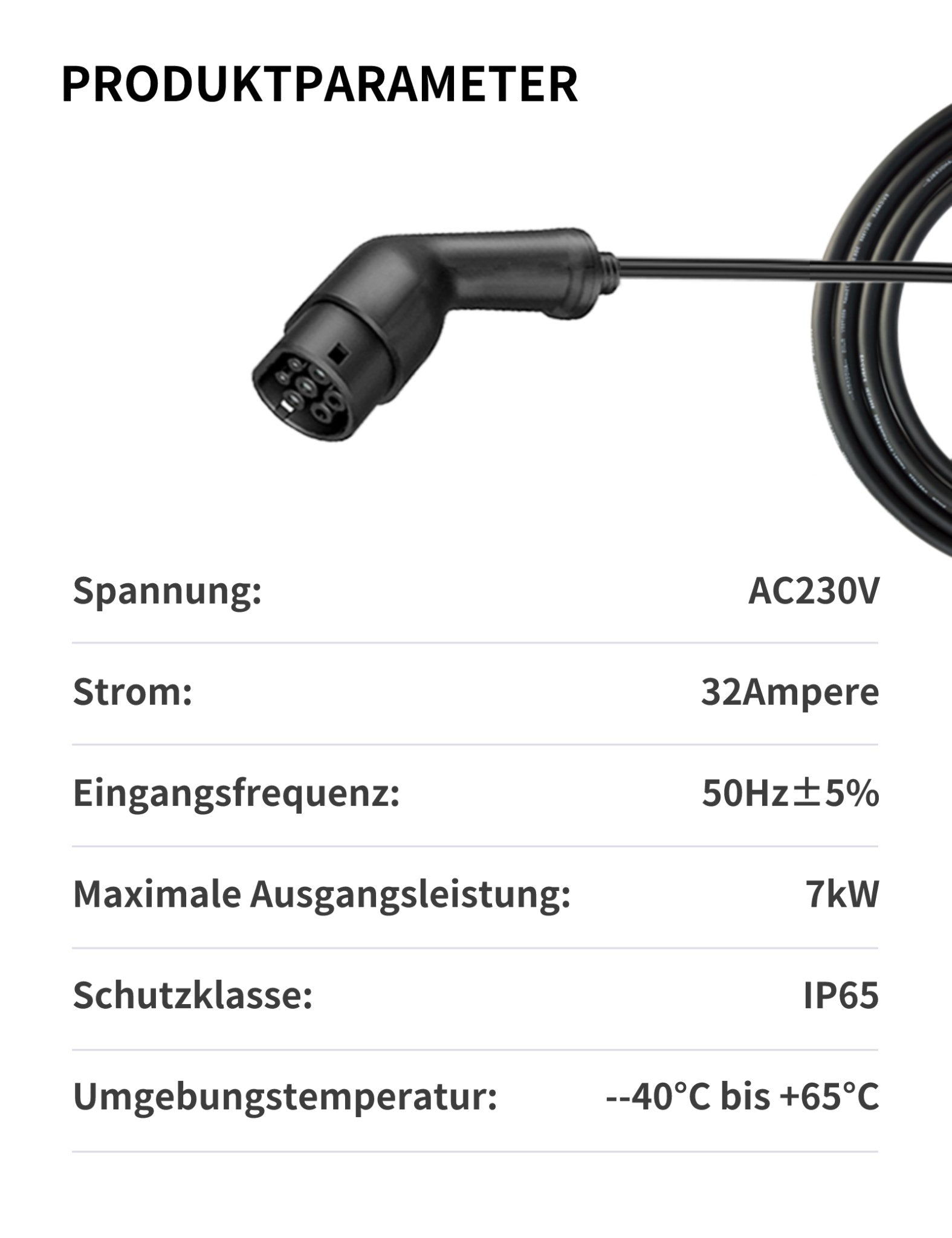 Hier sehen Sie die Produktparameter der schwarzen Andalung 7kW Wallbox: Spannung: AC230V, Strom: 32A, Eingangsfrequenz: 50Hz ±5%, Maximale Ausgangsleistung: 7kW, Schutzklasse: IP65, Umgebungstemperatur: -40°C bis +65°C.