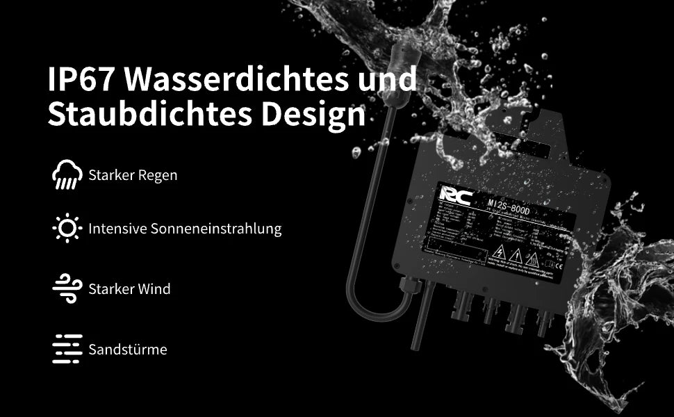 Vor schwarzem Hintergrund ist der RC800W Mikro-Wechselrichter zu sehen, der von Wasser bedeckt ist, aber selbst bei starkem Regen, intensiver Sonne, Wind oder Sandstürmen weiterhin zuverlässig arbeitet. Mit IP67-Schutz gegen Wasser und Staub und einem korrosionsbeständigen Gehäuse ist er perfekt für extreme Wetterbedingungen und den Einsatz im Freien geeignet.