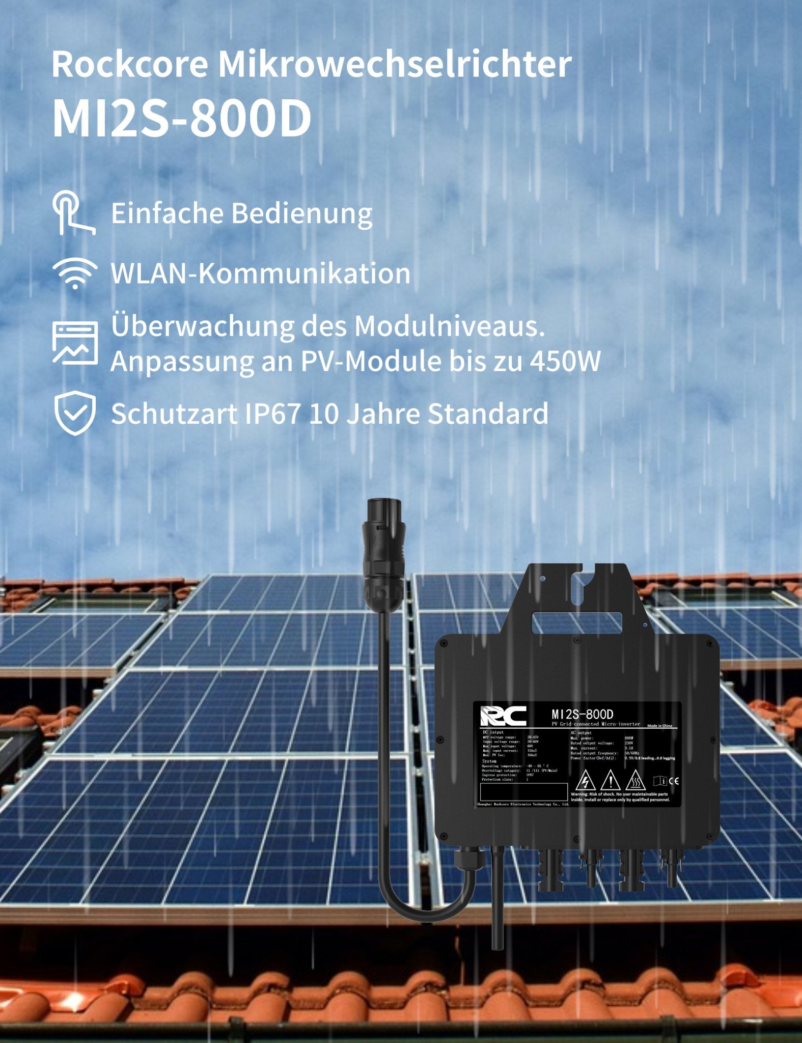 Auch bei starkem Regen und extremen Wetterbedingungen arbeitet der schwarze RC800W Mikro-Photovoltaik-Wechselrichter zuverlässig und leistungsstark. Einfache Bedienung, WLAN-Kommunikation, Echtzeit-Modulerüberwachung, kompatibel mit PV-Modulen bis zu 450W, Schutzart IP67, 10 Jahre Garantie.