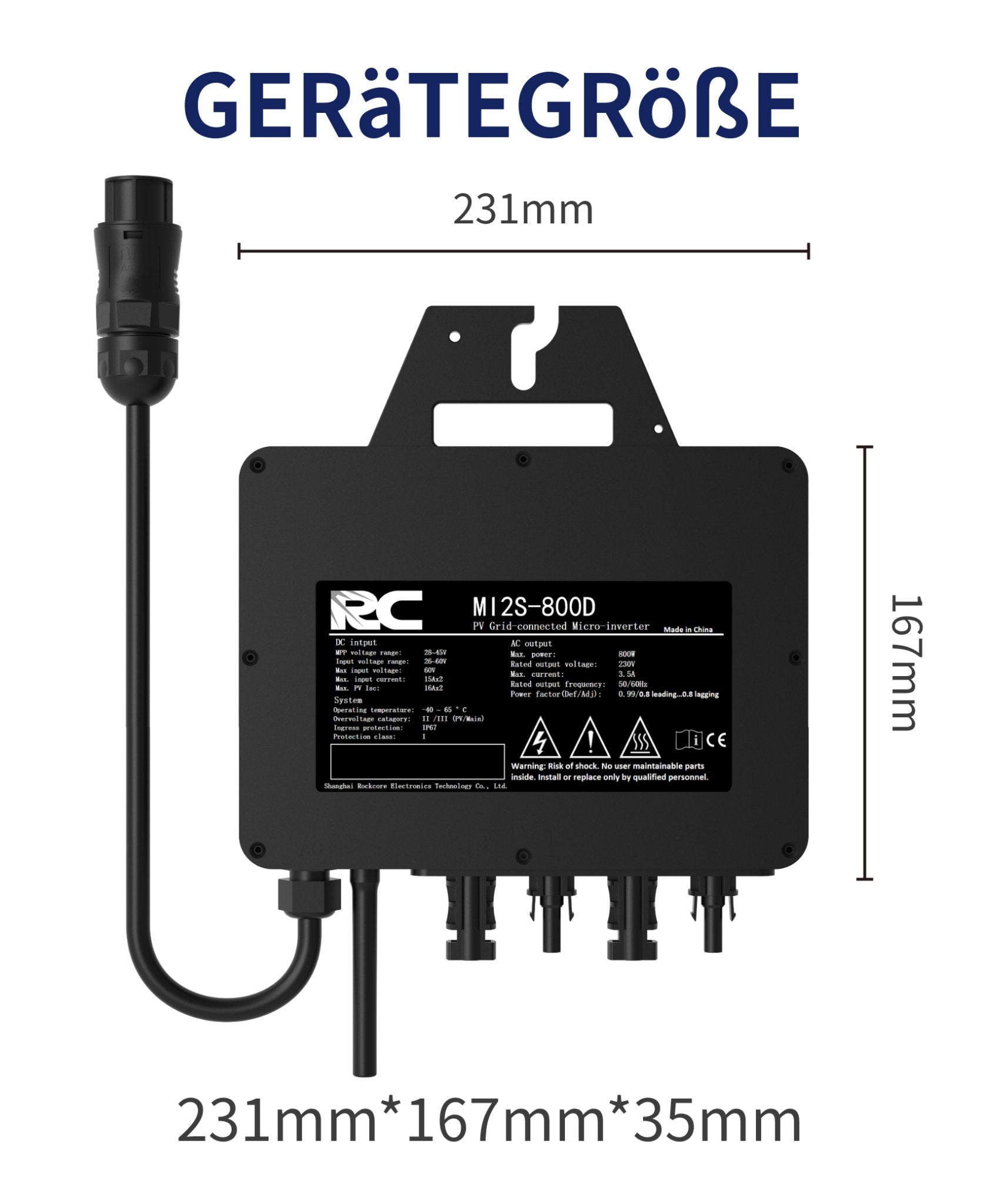 Vor einem weißen Hintergrund wird der schwarze RC800W Mikro-Photovoltaik-Wechselrichter gezeigt, mit den Maßen 23mm x 167mm x 35mm. Das leichte Design sorgt für hohe Praktikabilität und eignet sich für verschiedene Installationsanforderungen.