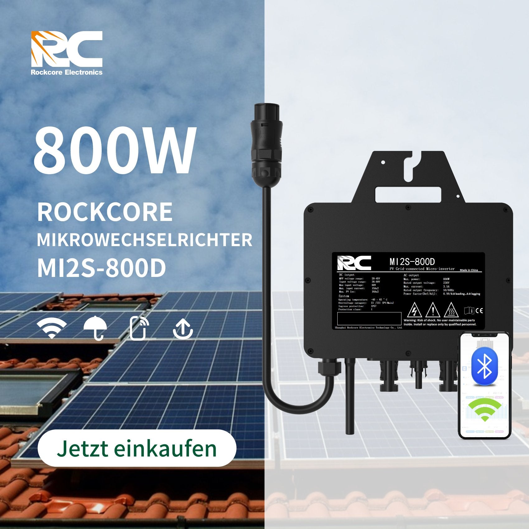 Dieser schwarze RC800 Mikro-Photovoltaik-Wechselrichter passt perfekt zum 800W RC Flex-Photovoltaik-System und erfüllt die Anforderungen verschiedener Haushalte. Modell: ROCKCOREMIKROWECHSELRICHTERMI2S-800D. Er unterstützt Wi-Fi und Bluetooth für eine einfache Fernüberwachung und intelligente Steuerung.