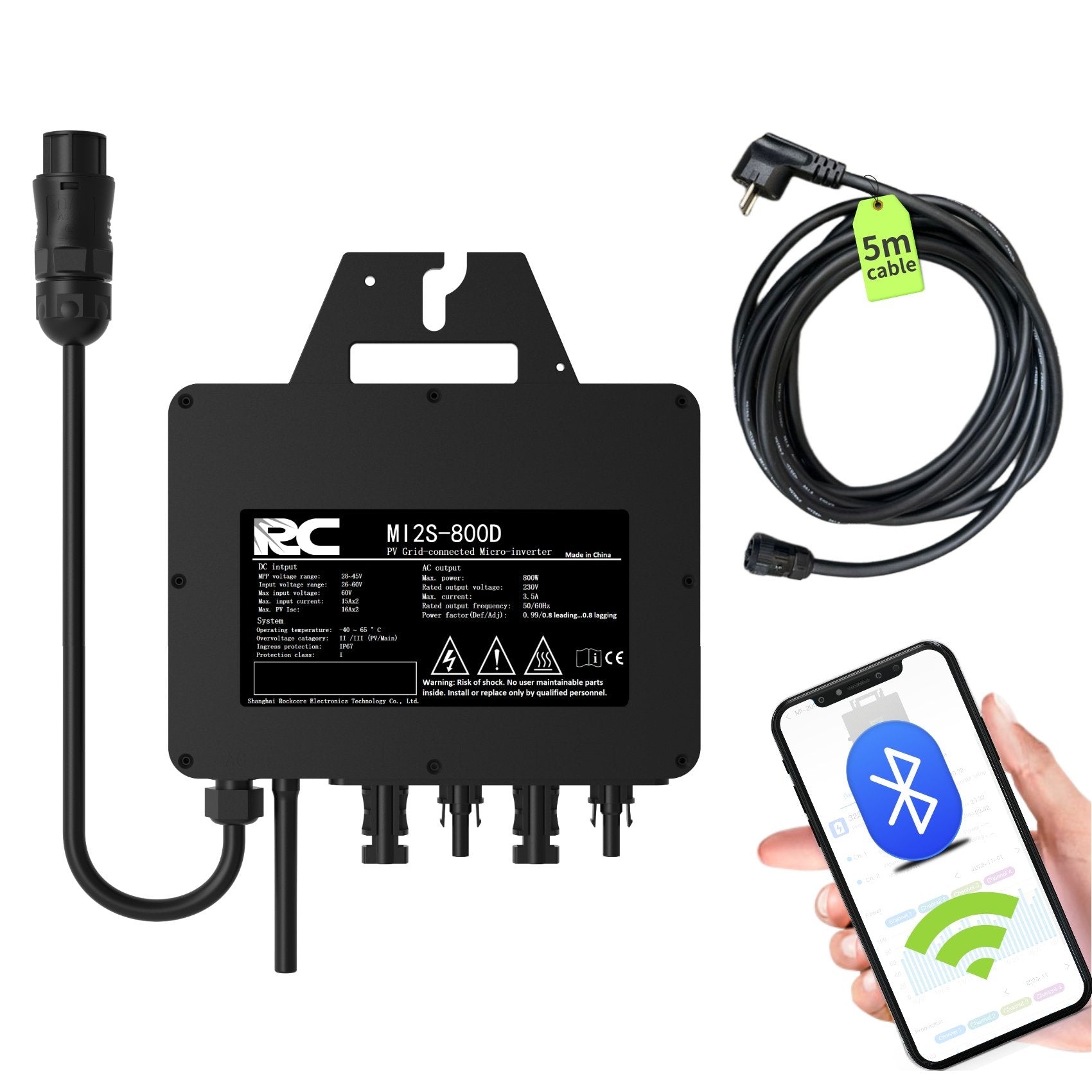 Vor einem weißen Hintergrund wird der schwarze RC800 Mikro-Photovoltaik-Wechselrichter gezeigt, ausgestattet mit einem 5 m langen Kabel. Nutzer können ihn per Smartphone über Wi-Fi und Bluetooth steuern und von der intelligenten Fernüberwachung profitieren.