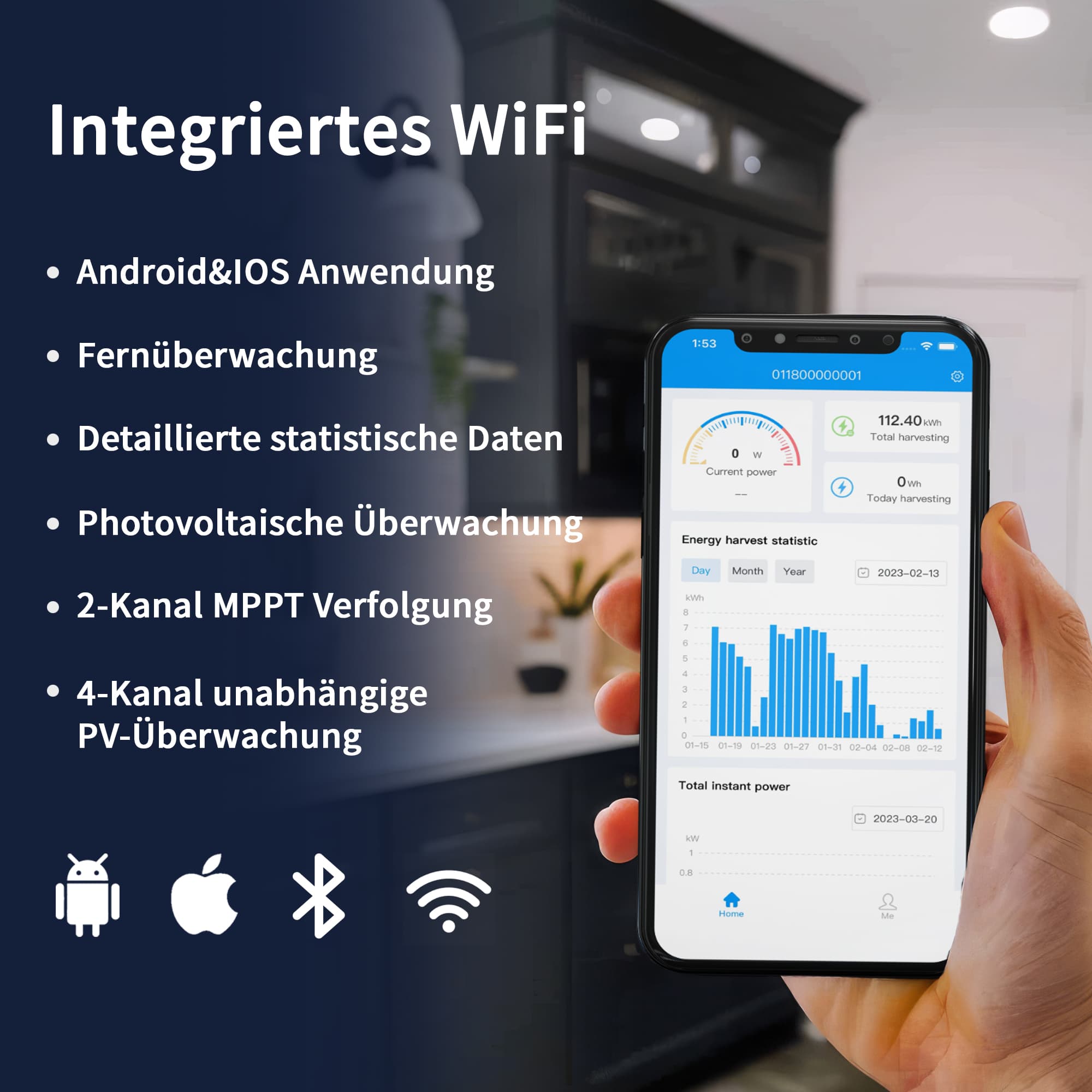 Der schwarze RC 2000W Photovoltaik Mikro-Wechselrichter ist mit integriertem WiFi ausgestattet und unterstützt Android- sowie iOS-Anwendungen. Über eine App können Benutzer die Fernüberwachung mühelos durchführen und detaillierte statistische Daten in Echtzeit einsehen. Er bietet präzise Photovoltaik-Überwachung, unterstützt die 2-Kanal MPPT-Verfolgung und die 4-Kanal unabhängige PV-Überwachung für eine effiziente Leistung.