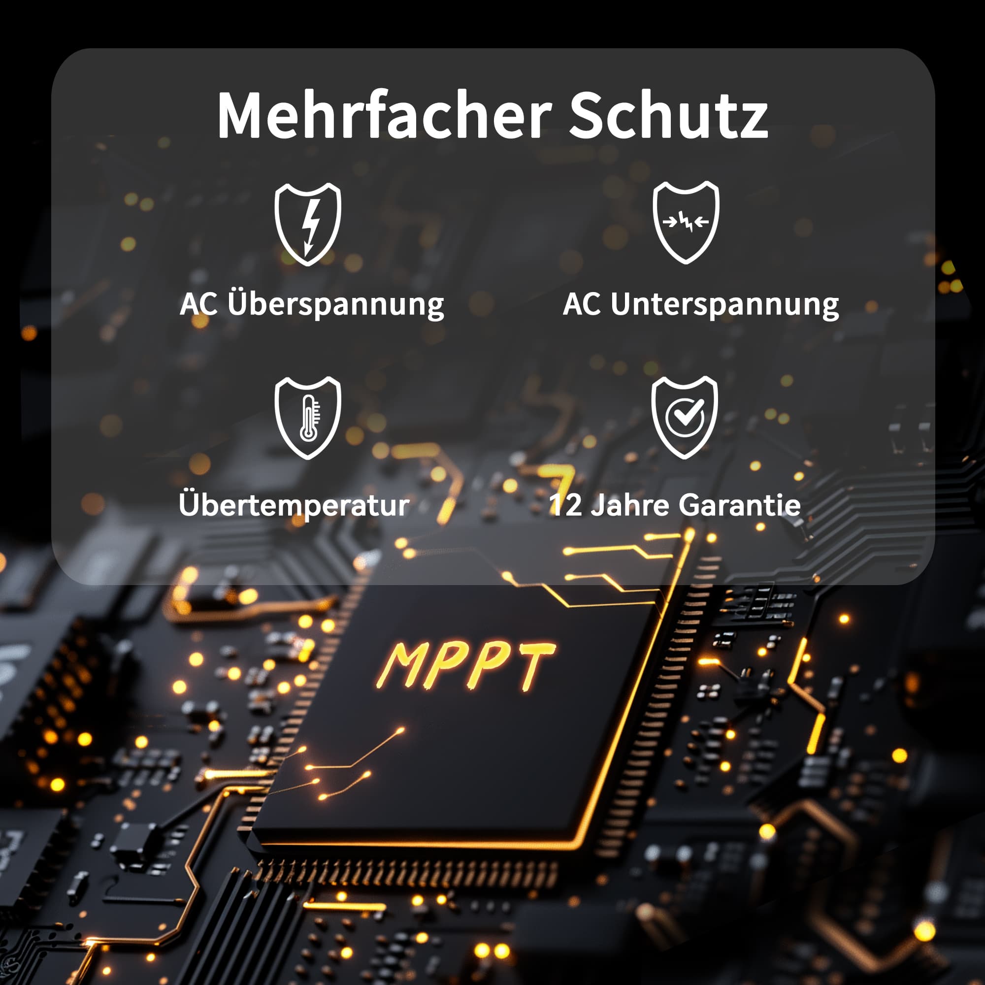 Der schwarze RC 2000W Photovoltaik Mikro-Wechselrichter bietet mehrfachen Schutz, einschließlich AC Überspannung, Übertemperatur und AC Unterspannung. Er kommt mit einer 12-jährigen Garantie, um eine langanhaltende und stabile Leistung zu gewährleisten.