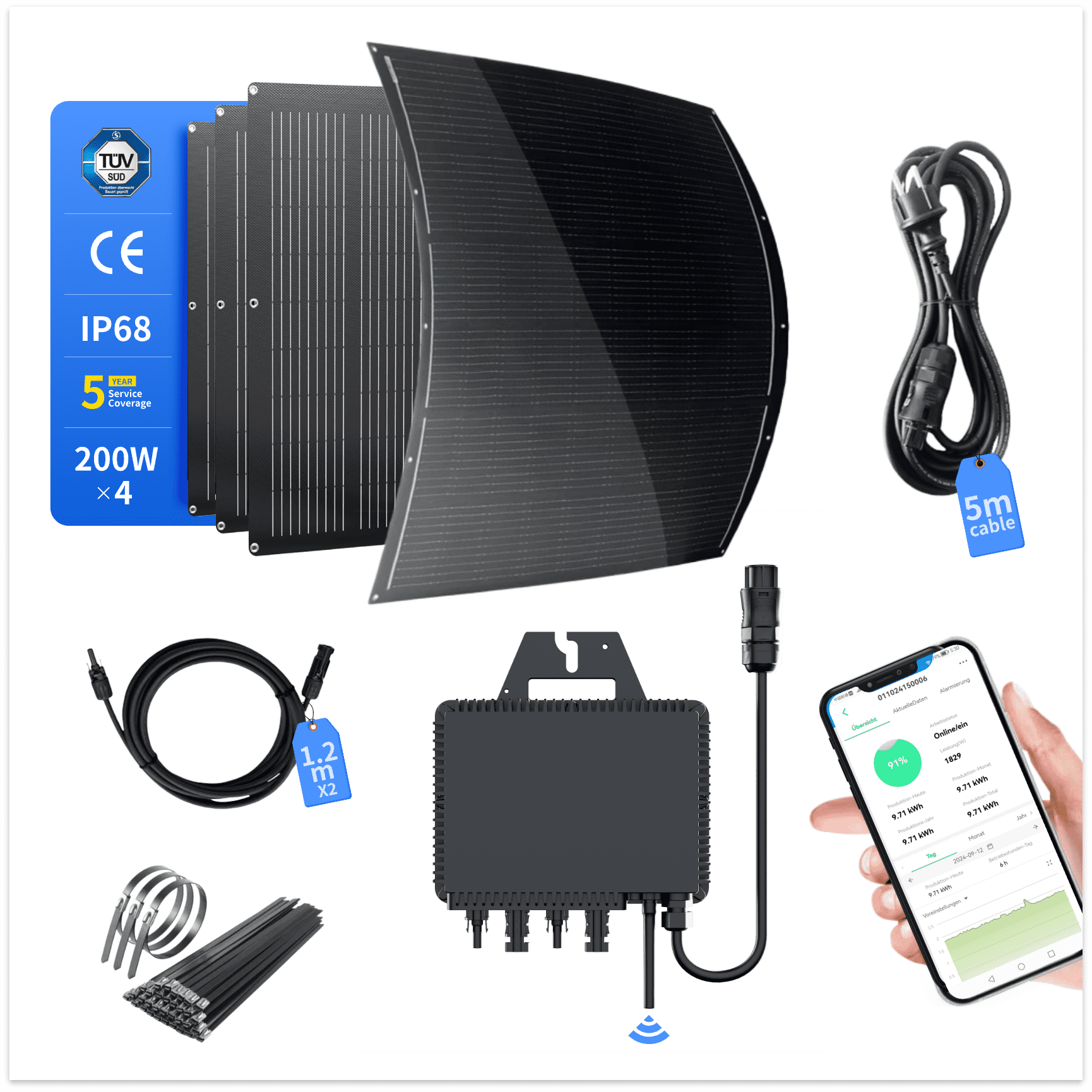 Auf einem weißen Hintergrund wird das RC 800W flexible Solarsystem gezeigt, ausgestattet mit einem 5 Meter langen Kabel, einem 800W Photovoltaik-Mikro-Wechselrichter, zwei 1,2 Meter langen Verbindungskabeln und vier 200W Photovoltaik-Panels. Das System ist TUV- und CE-zertifiziert, bietet einen IP68-Schutzgrad und gewährt eine 5-jährige Qualitätsgarantie für eine langfristig stabile Leistung.