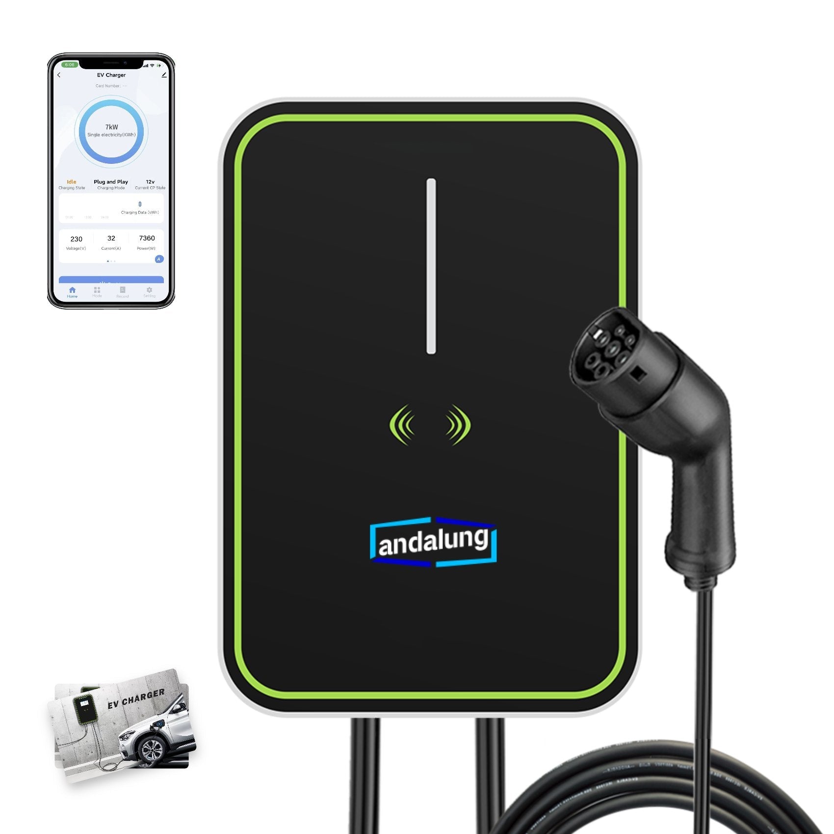 Hier sehen Sie die schwarze Andalung 7kW Wallbox, die Benutzer über eine Karte oder eine mobile App steuern können, um eine effiziente Ladung durchzuführen.