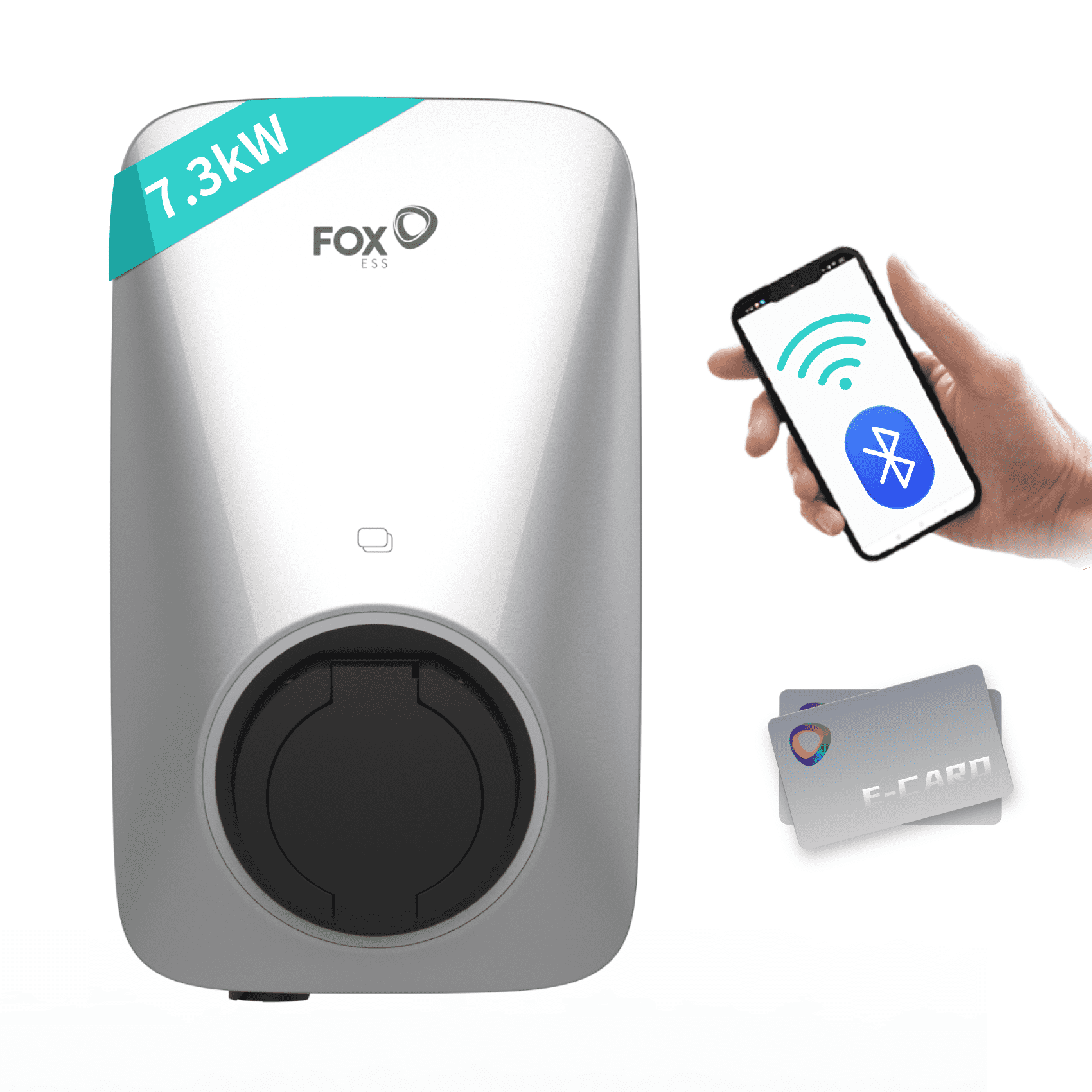 Vor weißem Hintergrund wird eine silberne FoxESS 7,3 kW Wallbox für Elektrofahrzeuge gezeigt, die es den Nutzern ermöglicht, sie über WiFi, Bluetooth oder durch Kartenzugriff mit ihrem Smartphone zu steuern.