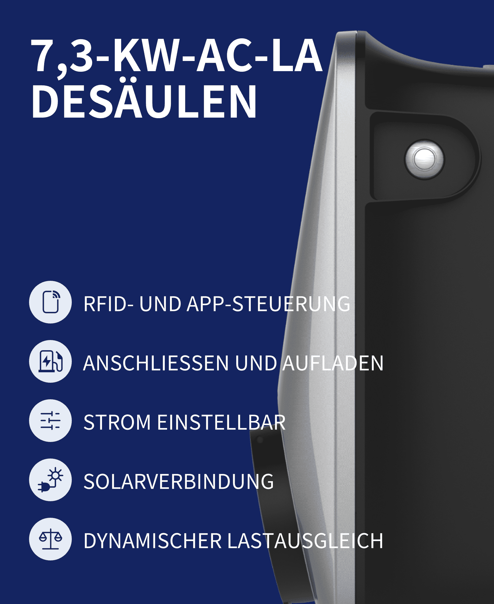  Vor blauem Hintergrund wird eine silberne FoxESS 7,3 kW Wallbox für Elektrofahrzeuge gezeigt, die 7,3 kW AC-Laden unterstützt. Sie verfügt über RFID- und APP-Steuerung, einstellbaren Strom, Solarverbindung und dynamischen Lastausgleich. Einfach anschließen und aufladen.
