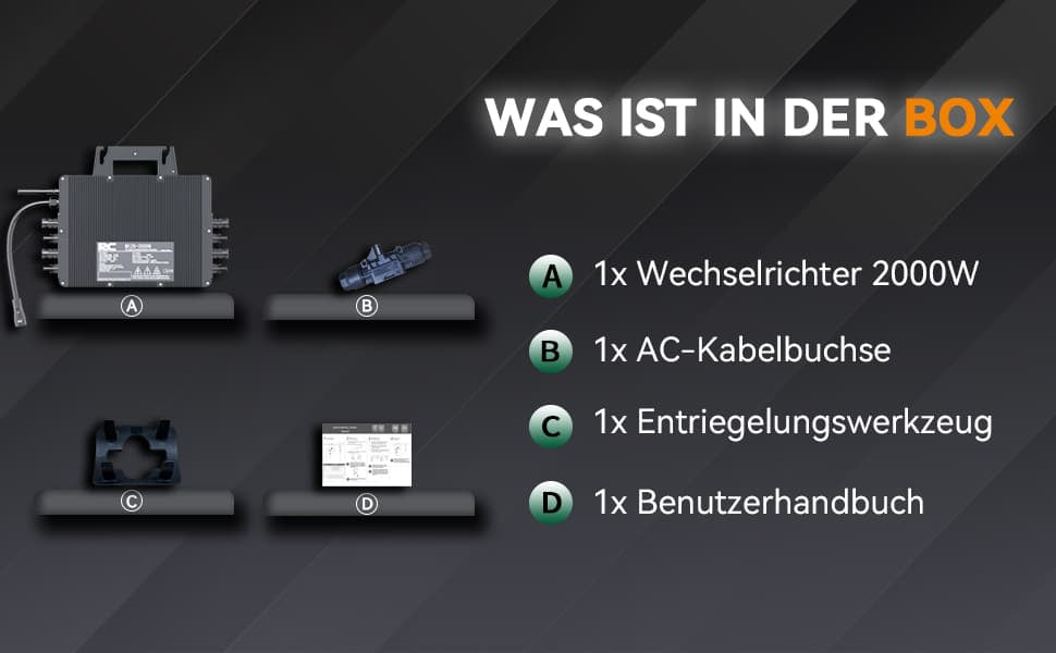 Das Bild zeigt die Gegenstände in einer Produktbox. Es gibt vier Gegenstände: einen 2000 - Watt - Wechselrichter (A), eine AC - Kabeldurchführung (B), ein Entriegelungswerkzeug (C) und eine Bedienungsanleitung (D).