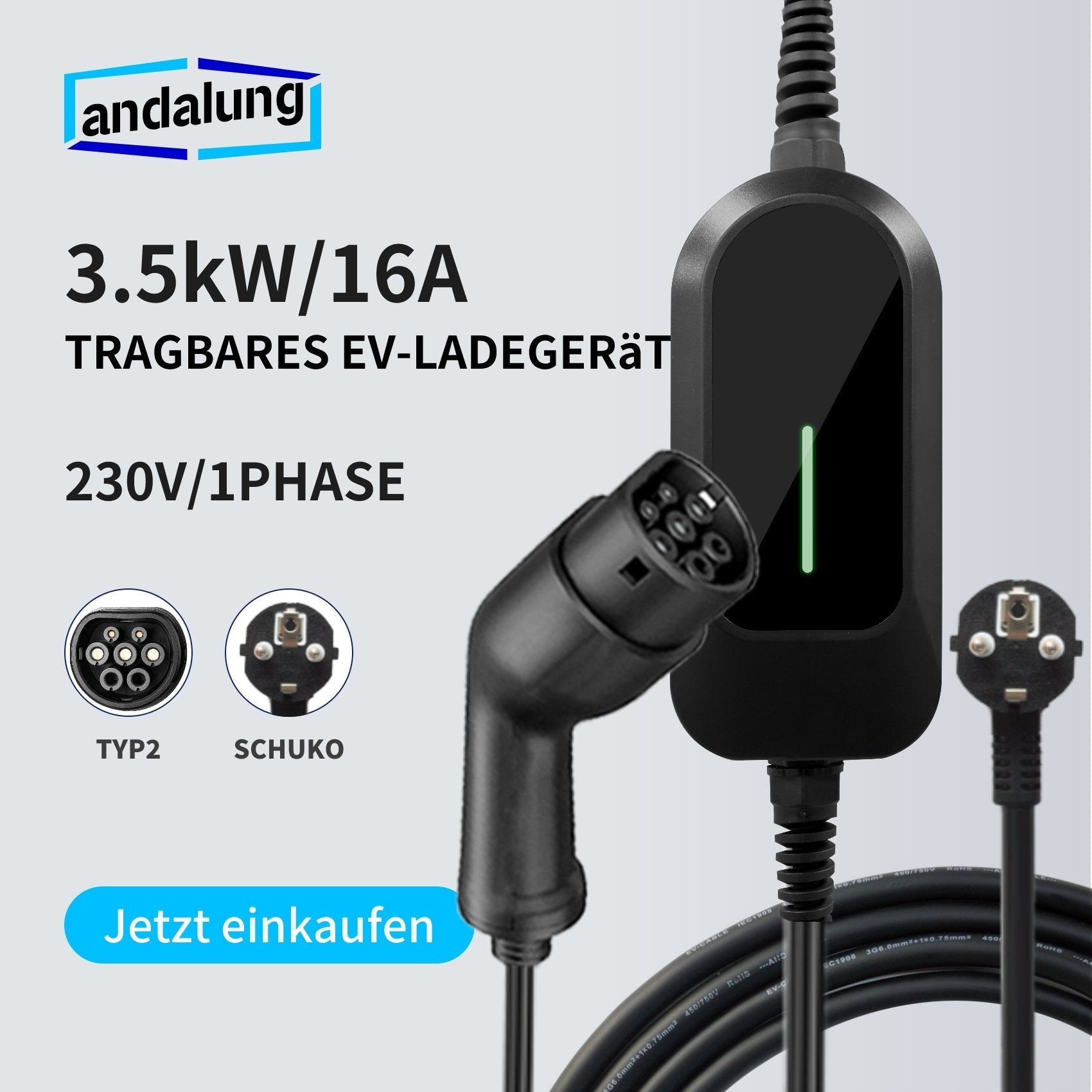 Vor weißem Hintergrund ist ein schwarzes 3,5 kW/16A tragbares EV-Ladegerät der Marke Andalung zu sehen, mit 230V/1PHASE Spannung. Es ist mit TYP2- und SCHUKO-Anschlüssen verbunden und bietet eine ideale Lösung für das Laden verschiedener Elektrofahrzeuge.