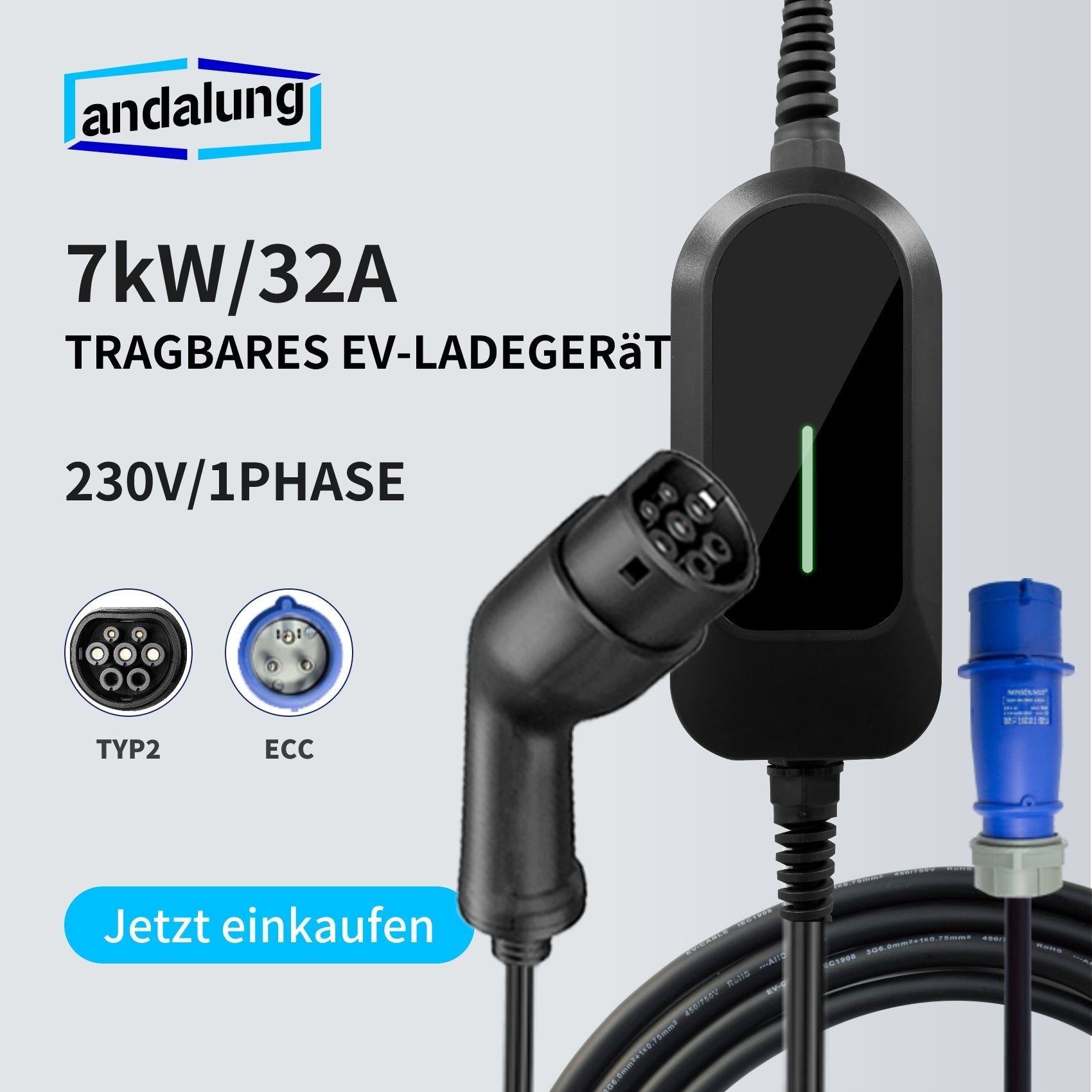 Vor einem klaren weißen Hintergrund wird das schwarze 7kW tragbare Elektrofahrzeug-Ladegerät von Andalung präsentiert, das 230V/Einphasen-Stromversorgung unterstützt und mit TYP2- sowie ECC-Steckern ausgestattet ist, um Ihnen eine effiziente und bequeme Ladeerfahrung zu bieten.